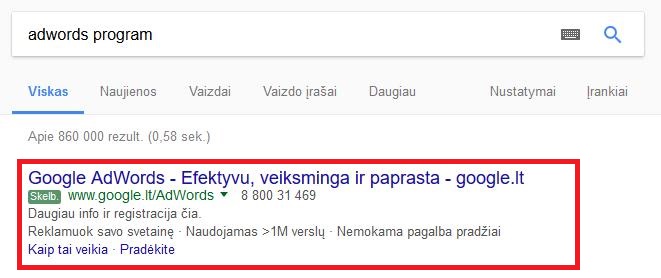 AdWords reklamos pavyzdys