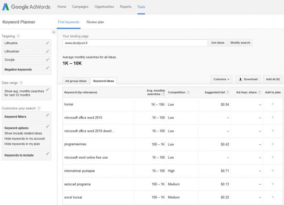 Keyword planner rezultatų langas